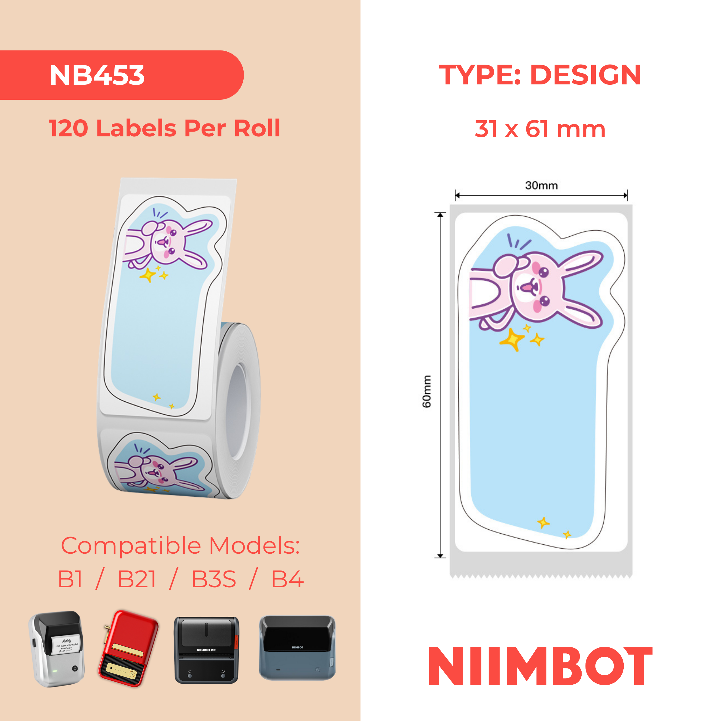 NB453 - NIIMBOT - B1 / B21 / B3S / B4 - T31X61MM - 120 LABELS PER ROLL - GOOD JOB DESIGN