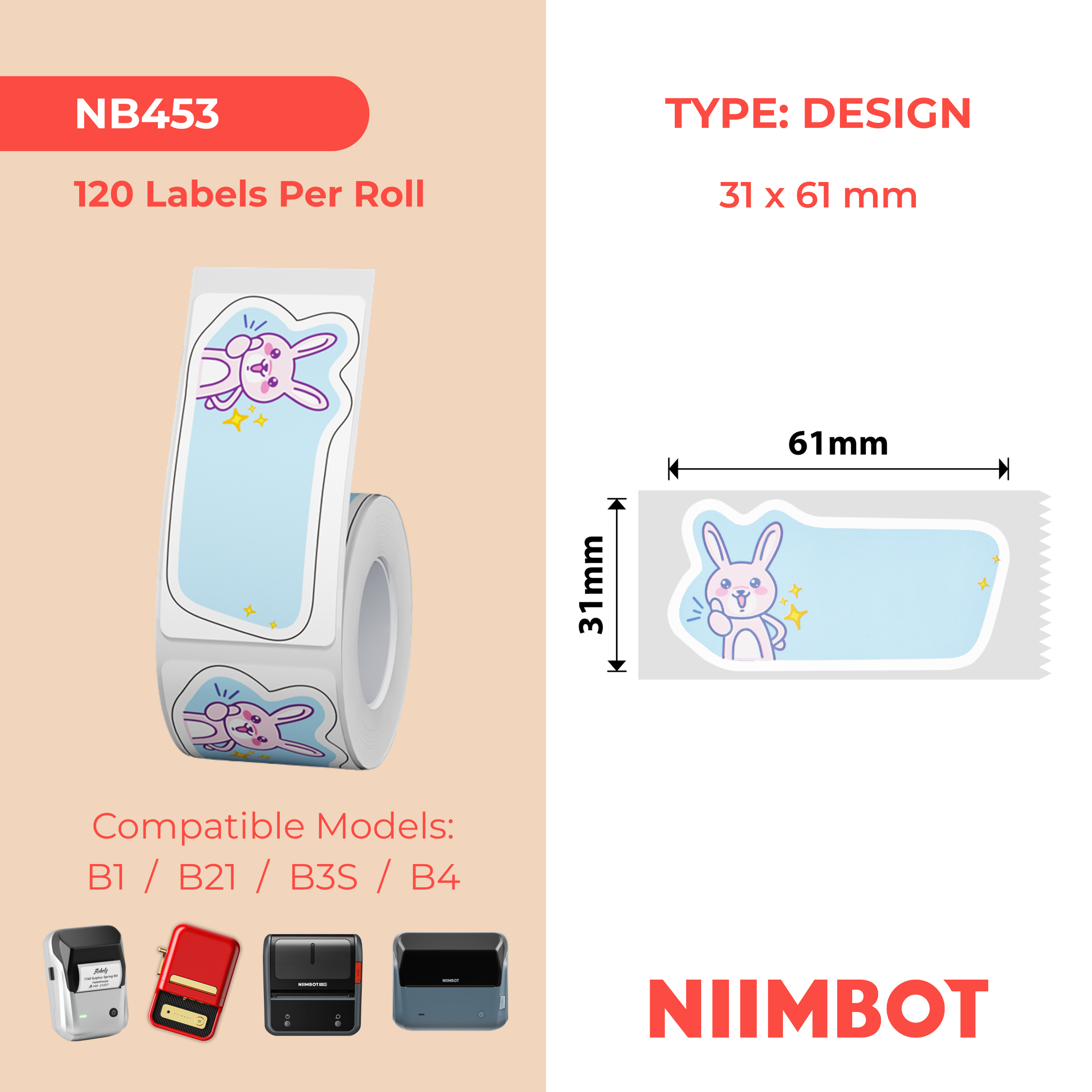 NB453 - Niimbot - B1 / B21 / B31 / B3S / B4 - 31x61mm - 120 Good Job Labels