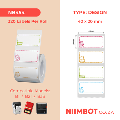 NB454 - NIIMBOT - B1 / B21 / B3S / B4 - 40X20MM - 320 THERMAL LABELS (MULTI-COLOUR) - STUDY BUDDY DESIGN