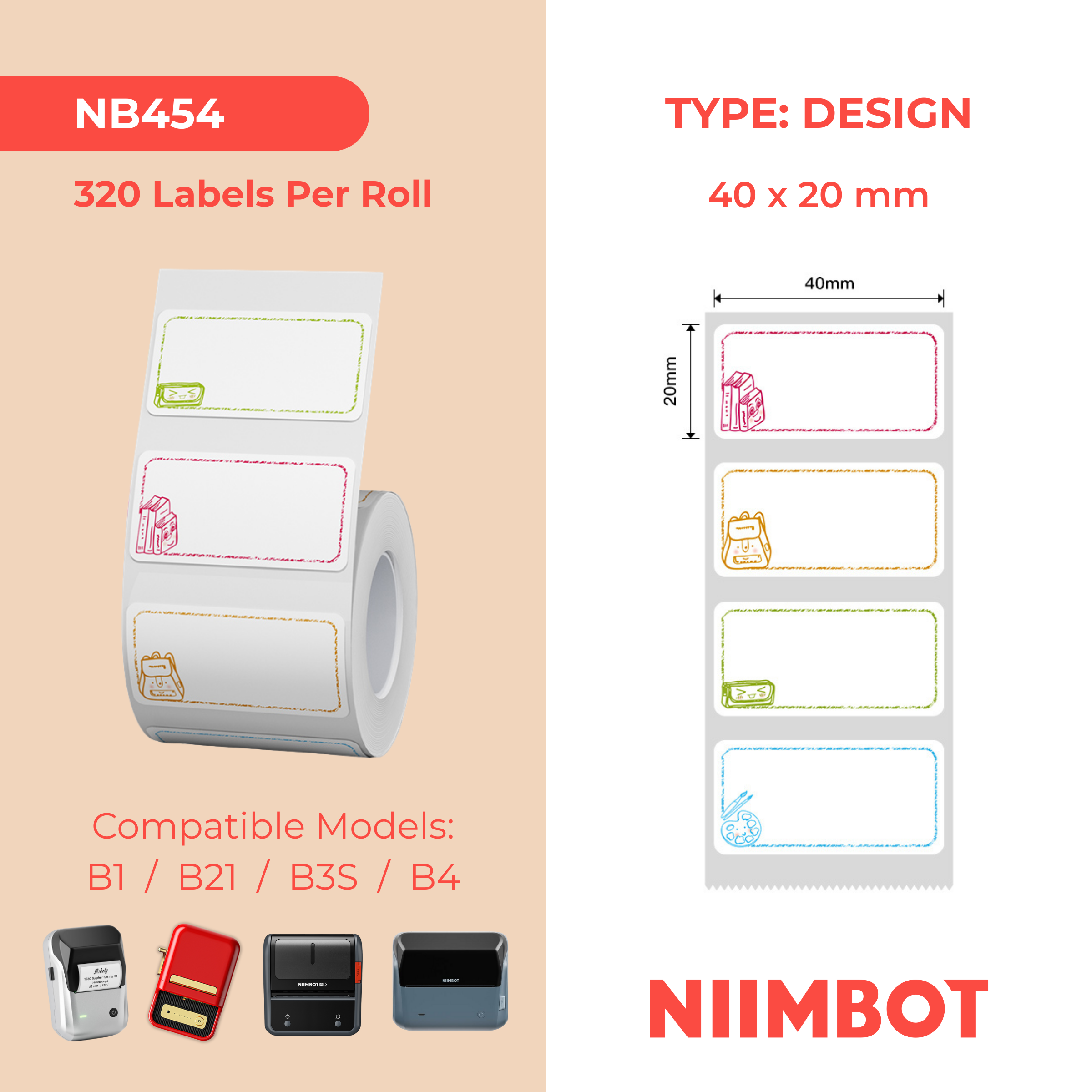 NB454 - NIIMBOT - B1 / B21 / B3S / B4 - 40X20MM - 320 THERMAL LABELS (MULTI-COLOUR) - STUDY BUDDY DESIGN