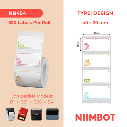NB454 - NIIMBOT - B1 / B21 / B3S / B4 - 40X20MM - 320 THERMAL LABELS (MULTI-COLOUR) - STUDY BUDDY DESIGN