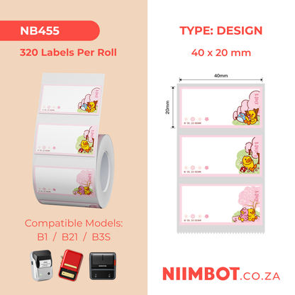 NB455 - NIIMBOT - B1 / B21 / B3S / B4 - 40X20MM - 320 LABELS PER ROLL - DUCK AND CHERRY BLOSSOM DESIGN