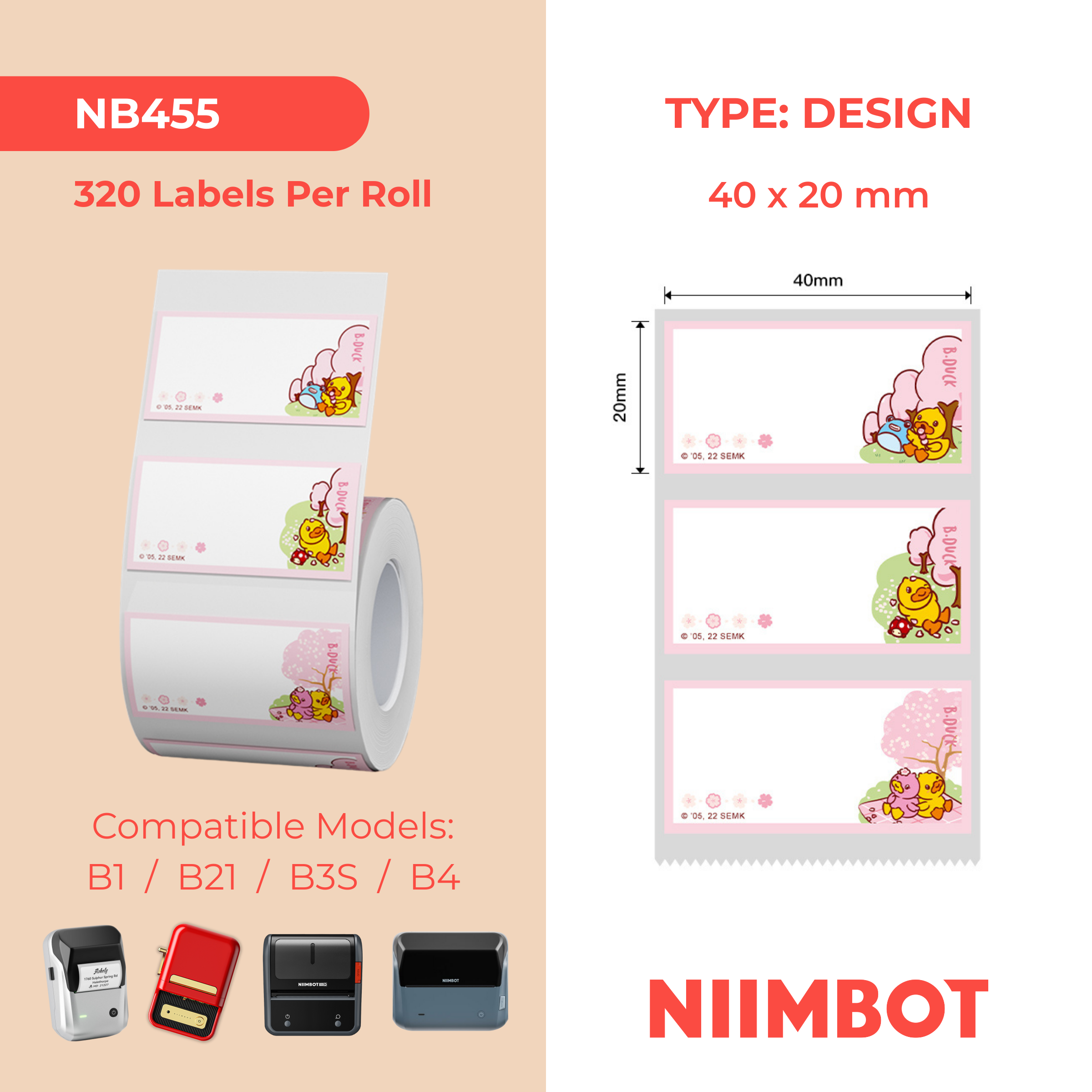 NB455 - NIIMBOT - B1 / B21 / B3S / B4 - 40X20MM - 320 LABELS PER ROLL - DUCK AND CHERRY BLOSSOM DESIGN