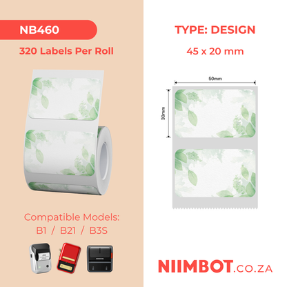 NB460 - NIIMBOT - B1 / B21 / B3S / B4 - T50X30MM - 230 THERMAL LABELS - GREEN LEAF DESIGN