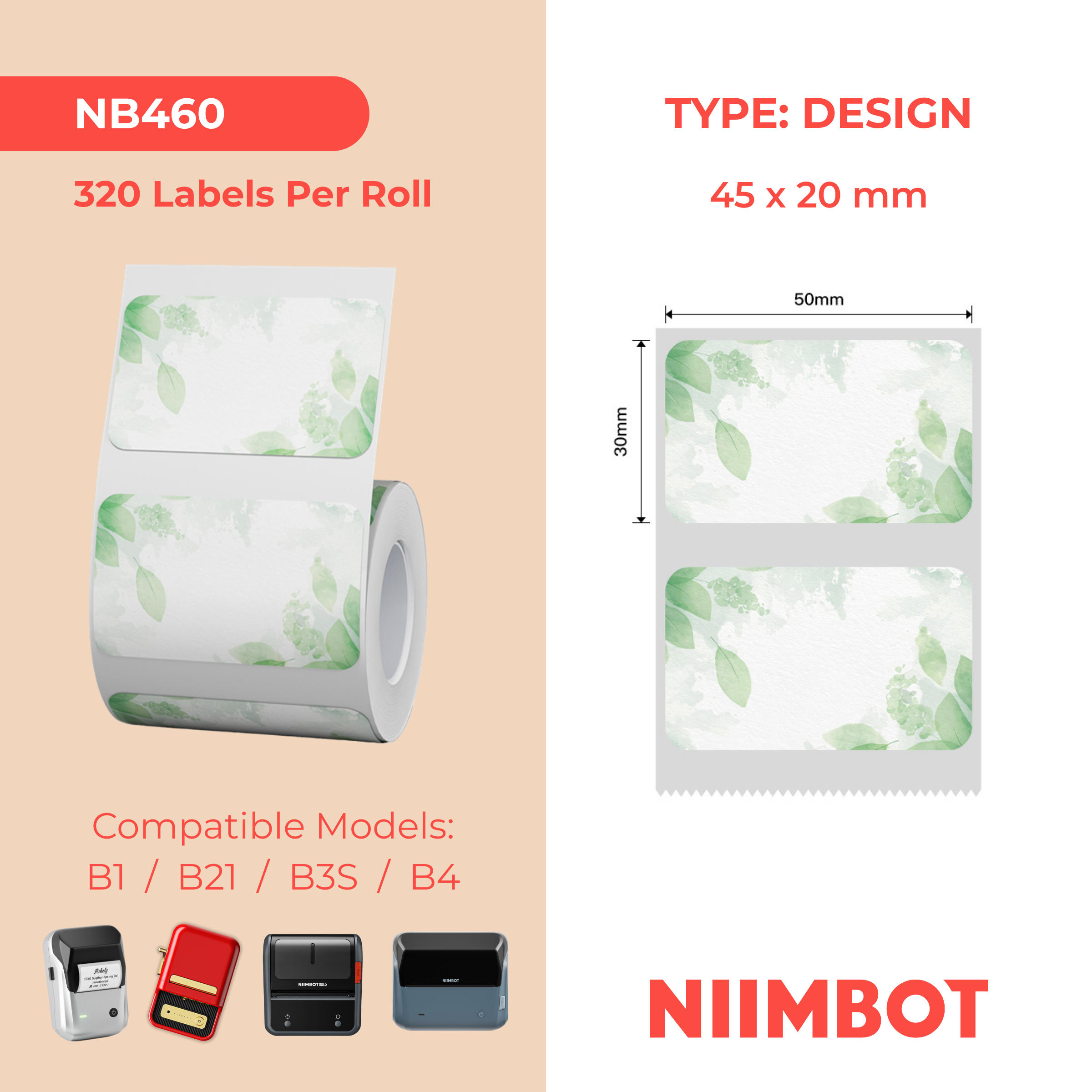 NB460 - Niimbot - B1 / B21 / B31 / B3S / B4 - 50x30mm - 230 Green Leaf Labels