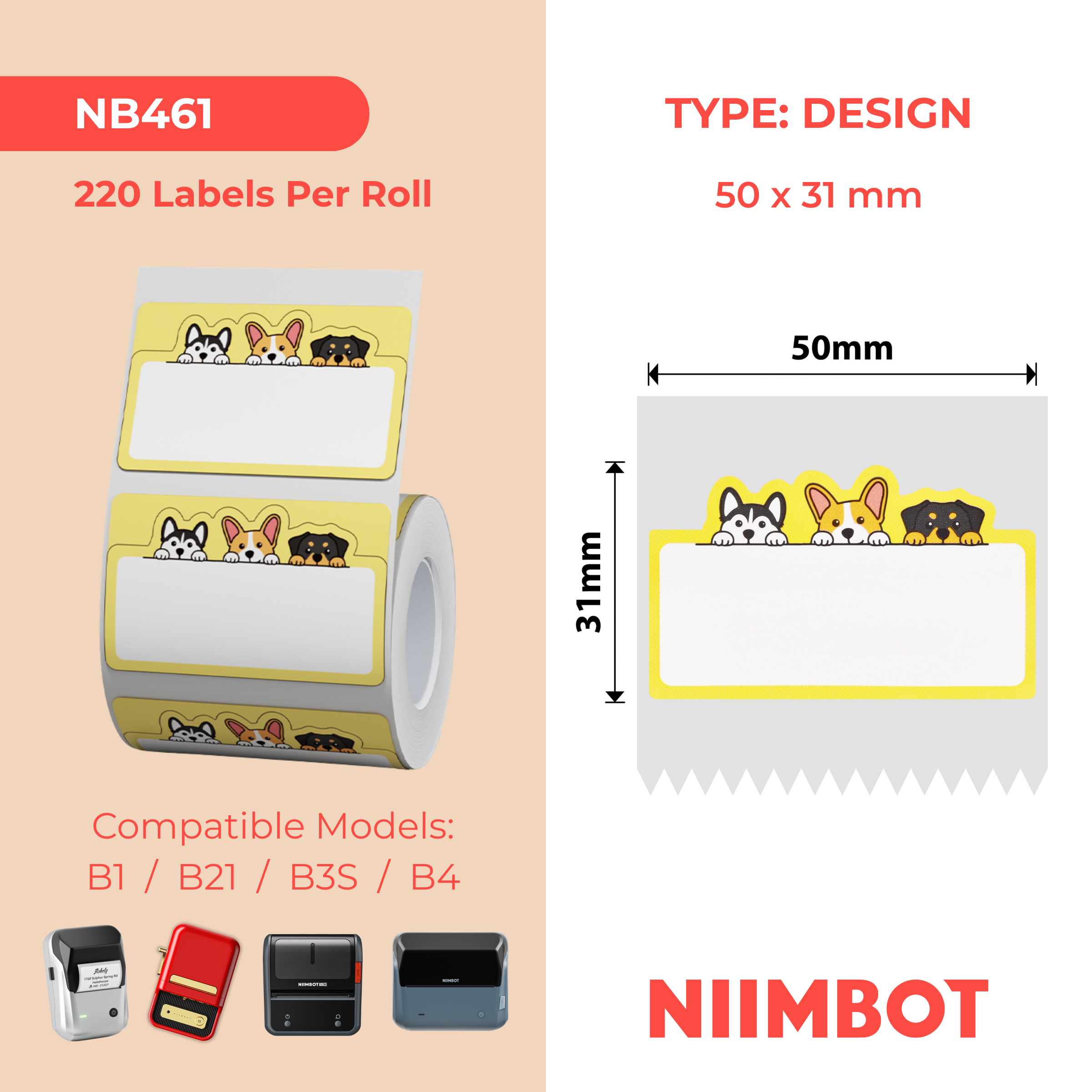 NB461 - Niimbot - B1 / B21 / B31 / B3S / B4 - 50x31mm - 220 Dog Labels