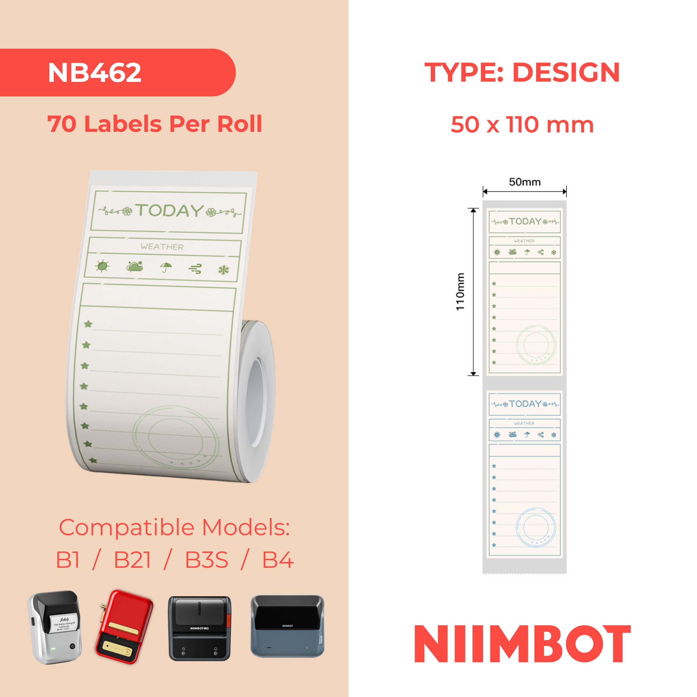 NB462 - NIIMBOT - B1 / B21 / B3S / B4 - 50X110MM - 70 THERMAL LABELS - TO DO LIST DESIGN