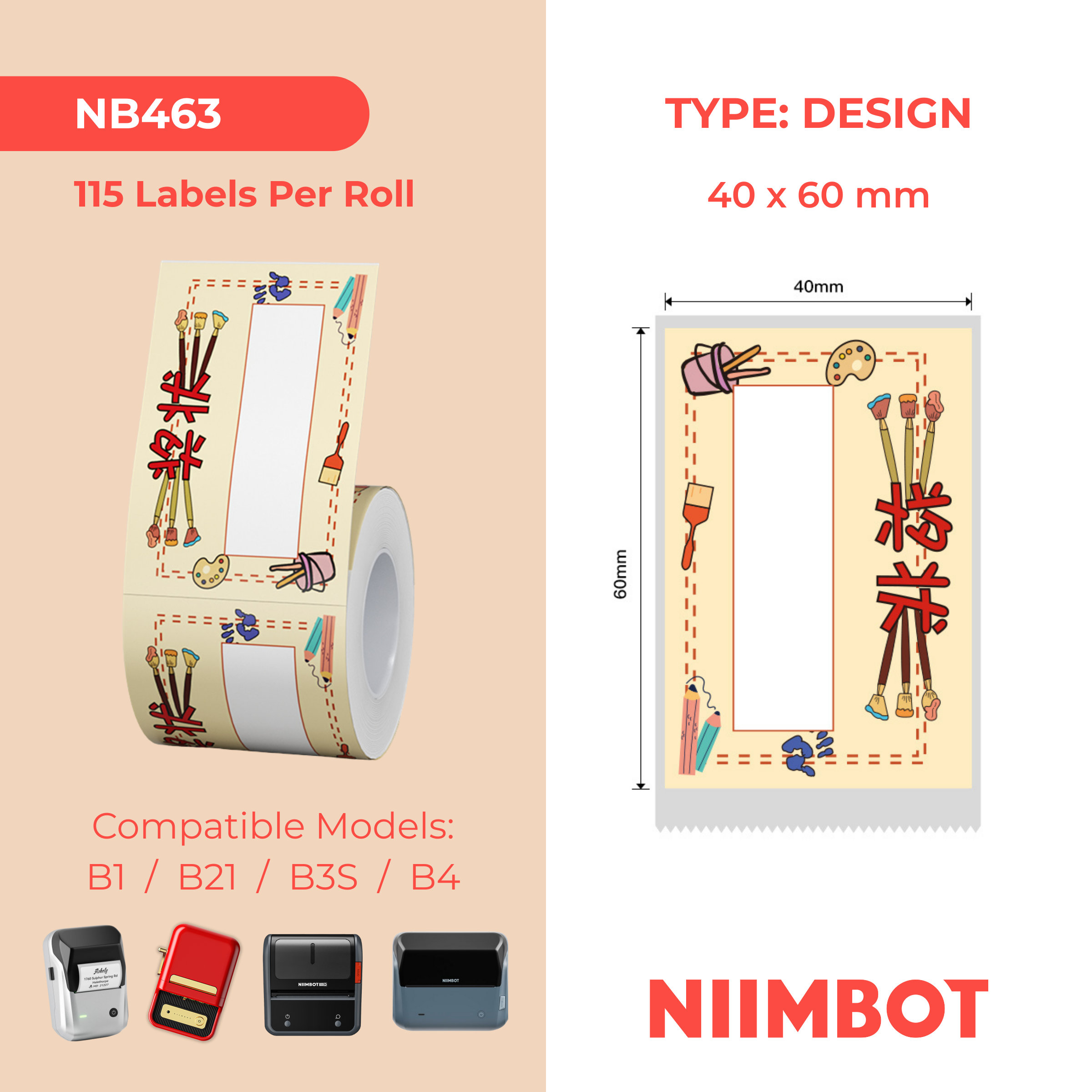 NB463 - NIIMBOT - B1 / B21 / B3S / B4 - 40X60MM - 115 THERMAL LABELS - CREATIVE ART DESIGN