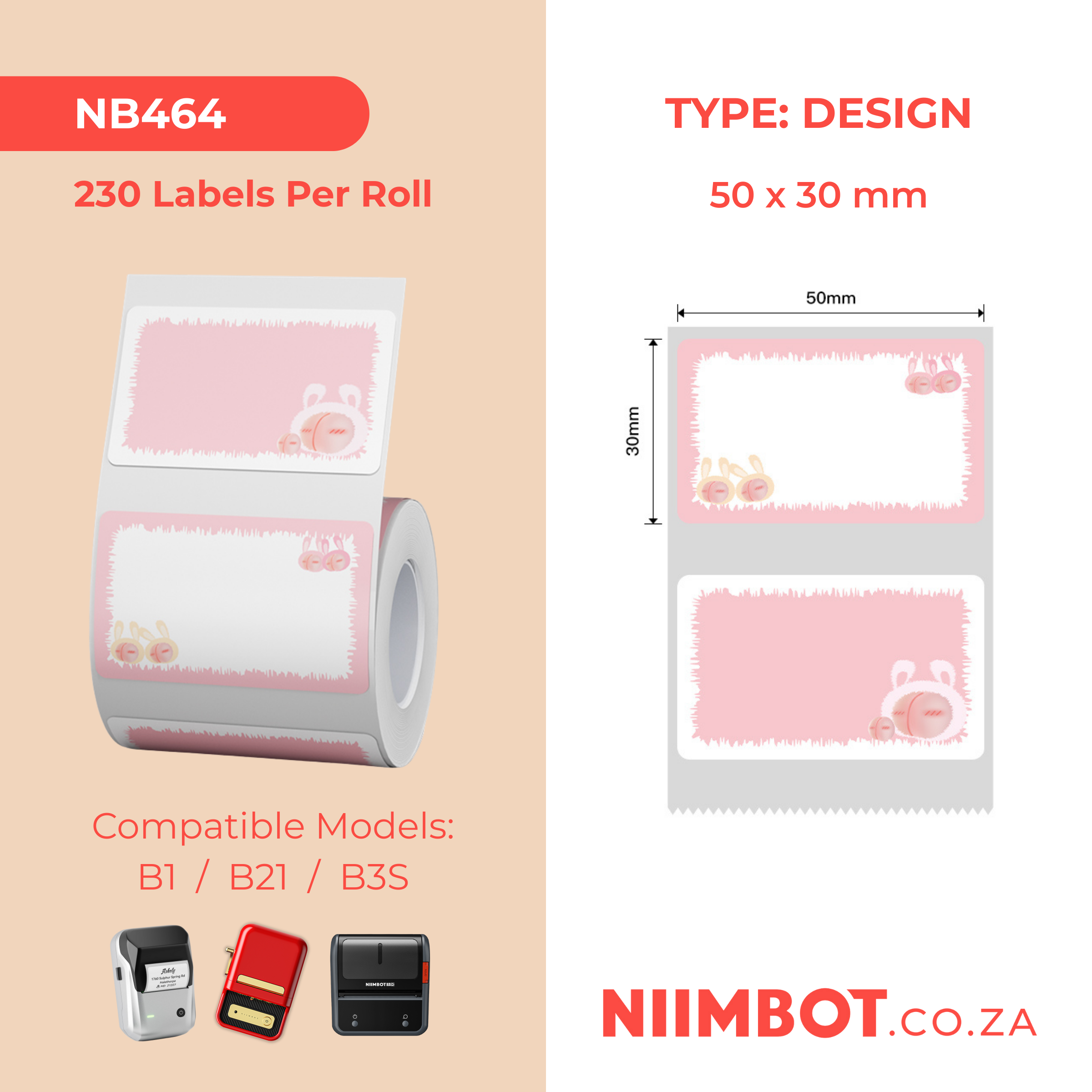 NB464 - NIIMBOT - B1 / B21 / B3S / B4 - T50X30MM - 230 LABELS PER ROLL - PEACH DESIGN