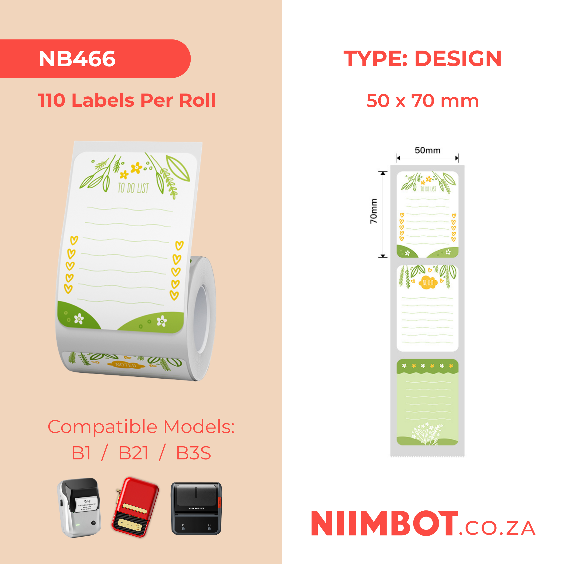 NB466 - NIIMBOT - B1 / B21 / B3S / B4 - T50X70MM - 110 LABELS PER ROLL - GARDEN DESIGN