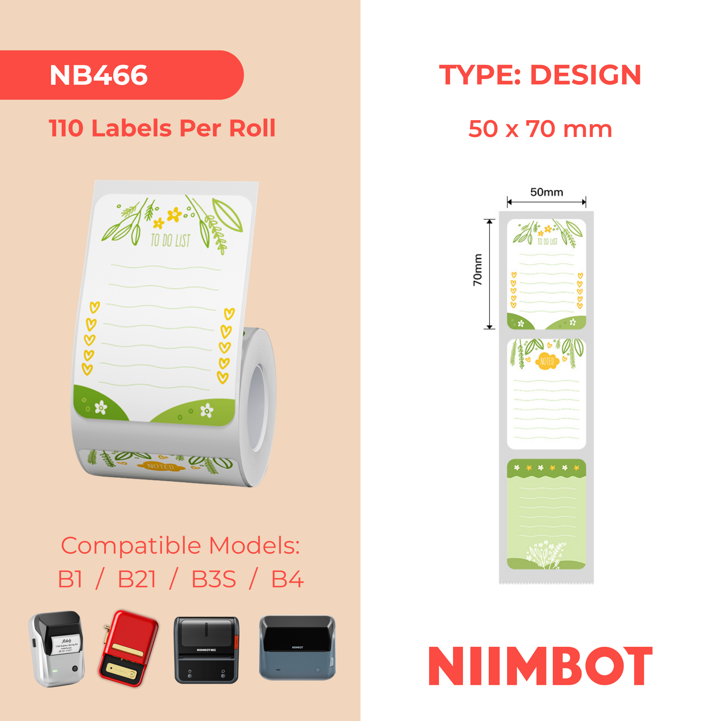 NB466 - NIIMBOT - B1 / B21 / B3S / B4 - T50X70MM - 110 LABELS PER ROLL - GARDEN DESIGN