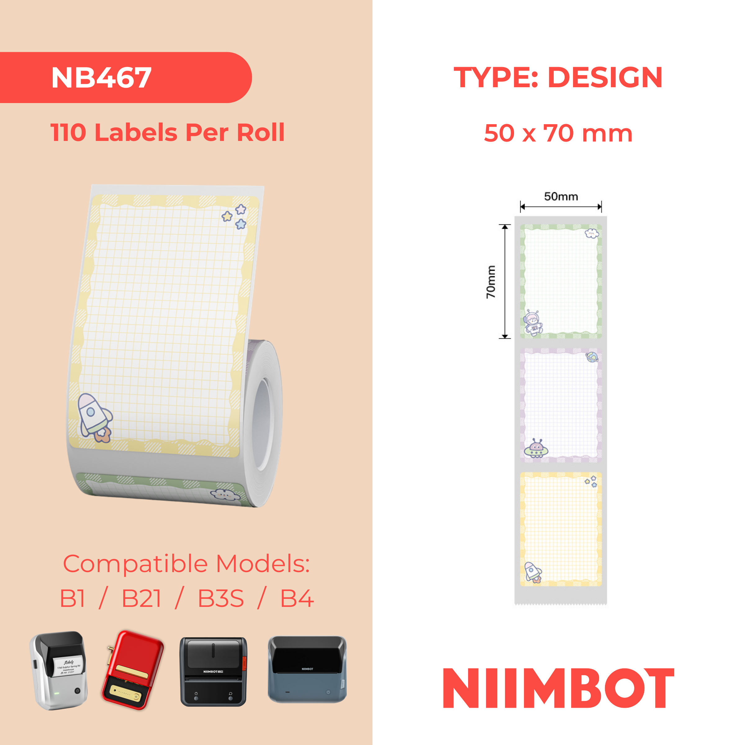 NB467 - NIIMBOT - B1 / B21 / B3S / B4 - T50X70MM - 110 LABELS PER ROLL - CAMPING DESIGN