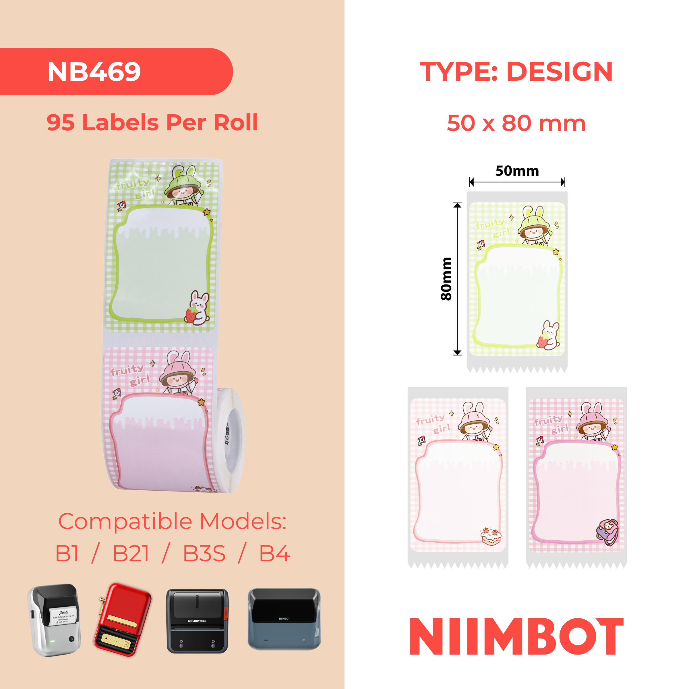 NB469 - Niimbot - B1 / B21 / B31 / B3S / B4 - 50x80mm - 95 Fruity Girl Multi-Colour Labels