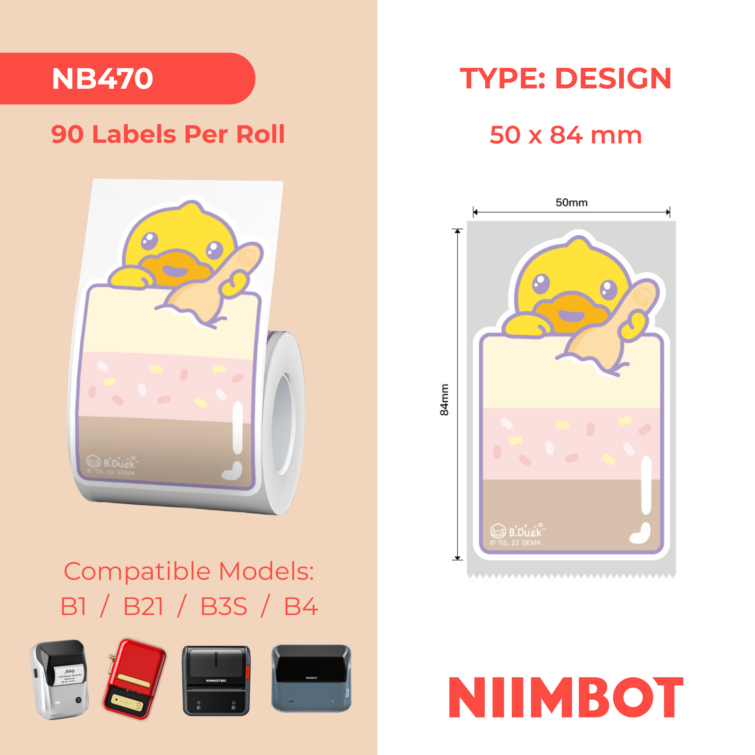 NB470 - Niimbot - B1 / B21 / B31 / B3S / B4 - 50x84mm - 90 Ice Cream Duck Labels