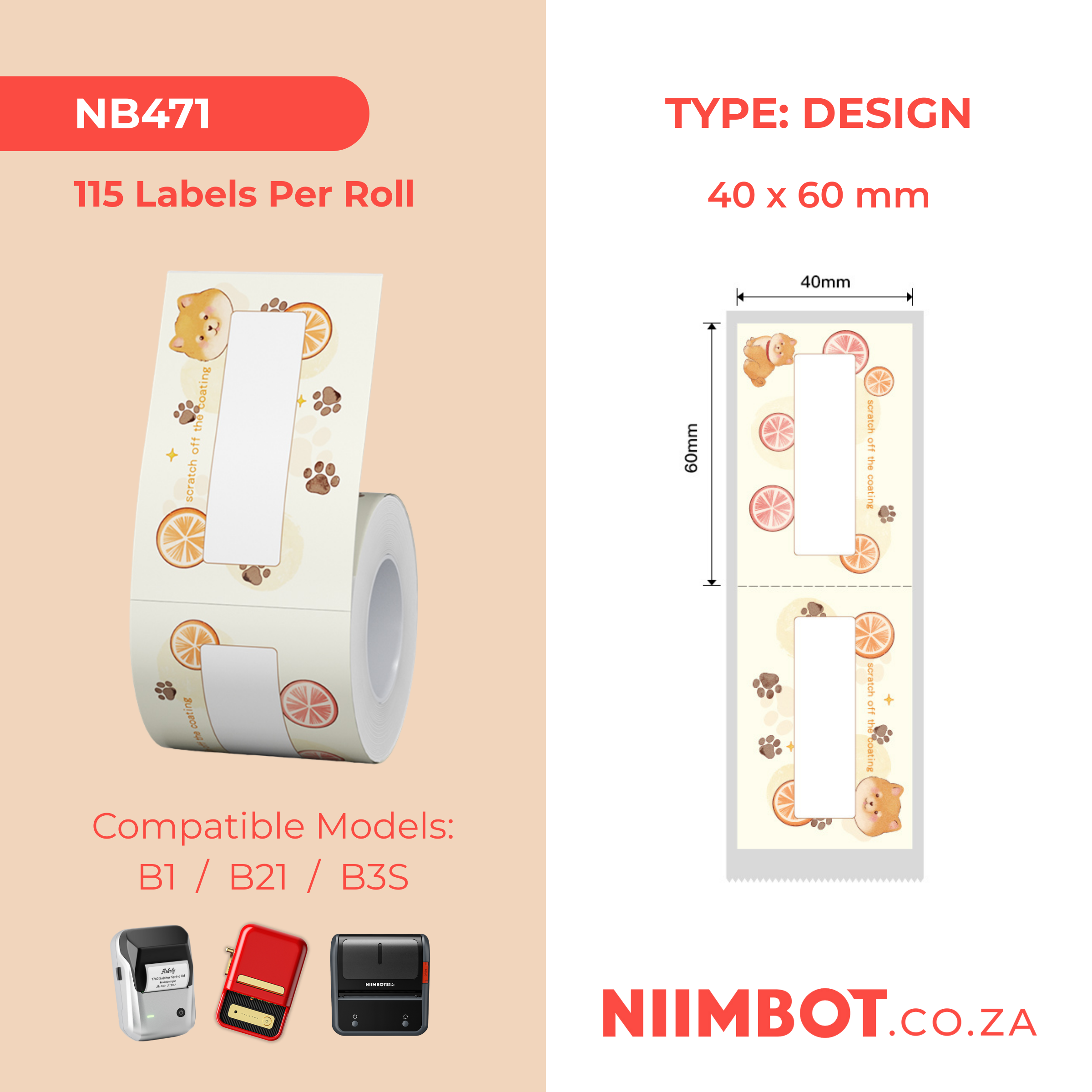 NB471 - NIIMBOT - B1 / B21 / B3S / B4 - TP40X60MM - 115 LABELS PER ROLL -  YELLOW LEMON DESIGN