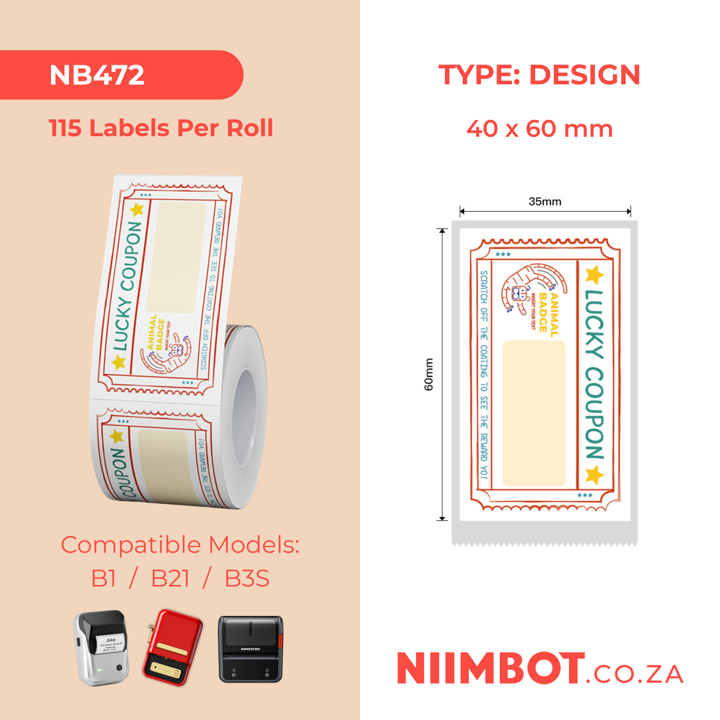 NB472 - NIIMBOT - B1 / B21 / B3S / B4 - TP35X60MM - 115 LABELS PER ROLL - LUCKY TIGER DESIGN