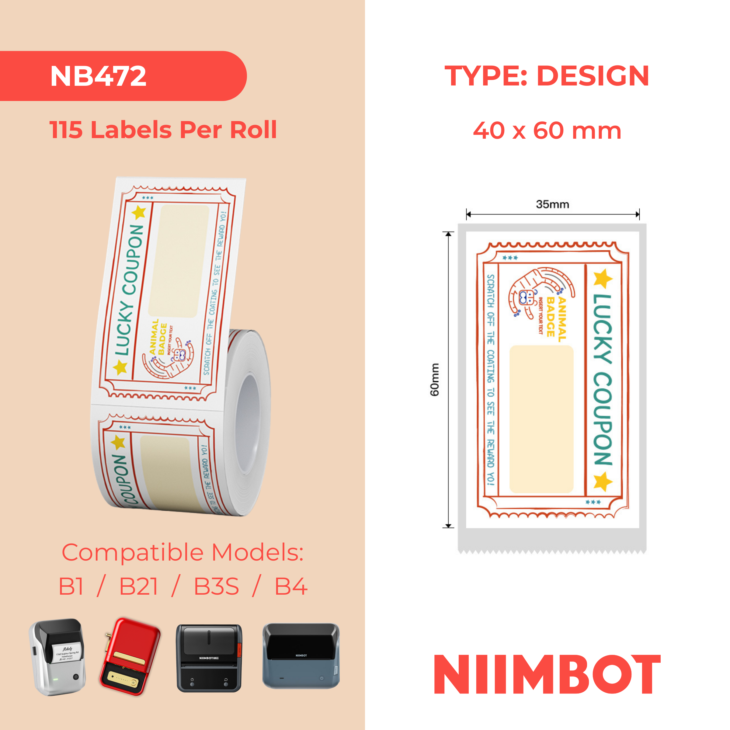 NB472 - NIIMBOT - B1 / B21 / B3S / B4 - TP35X60MM - 115 LABELS PER ROLL - LUCKY TIGER DESIGN