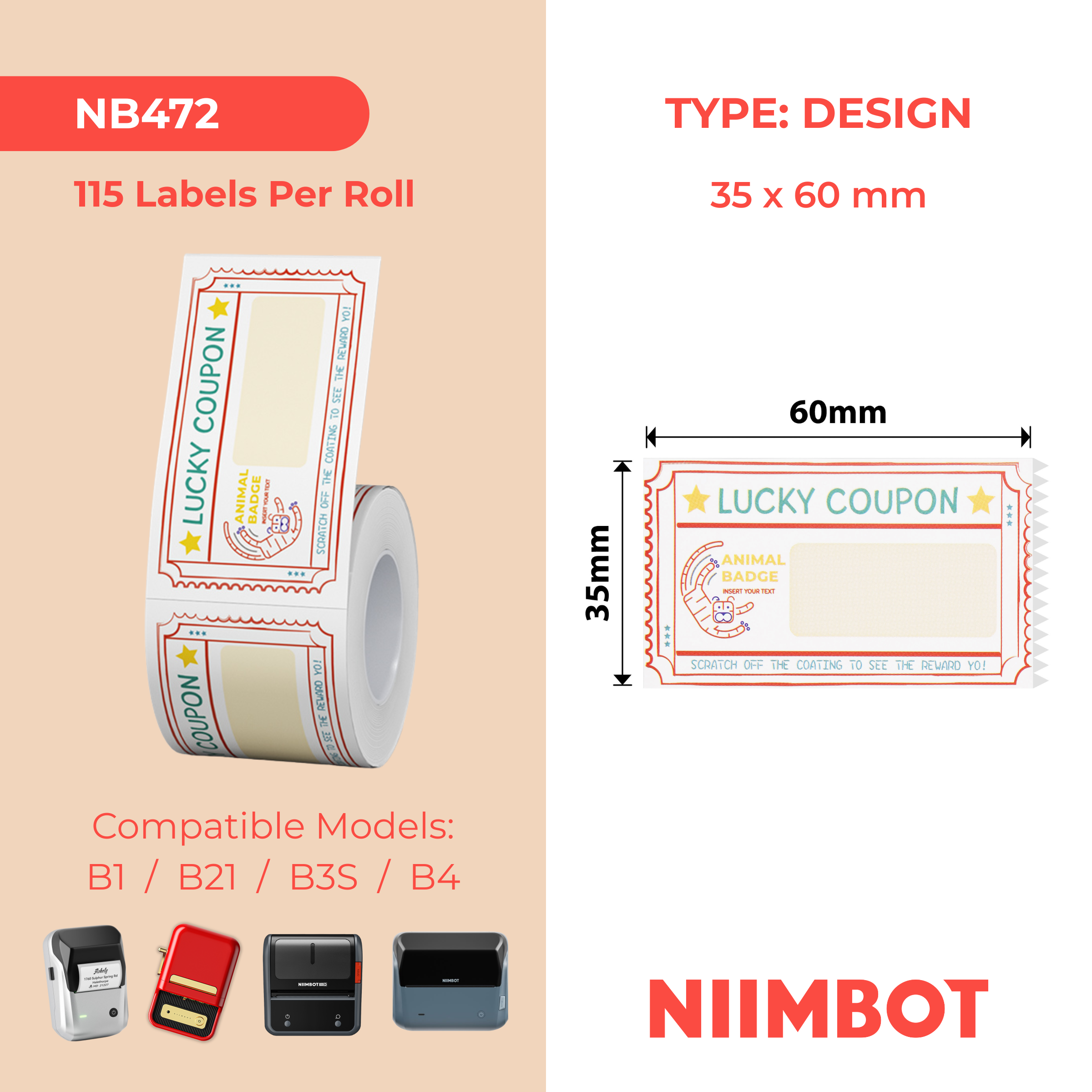 NB472 - Niimbot - B1 / B21 / B31 / B3S / B4 - 35x60mm - 115 Lucky Tiger Labels