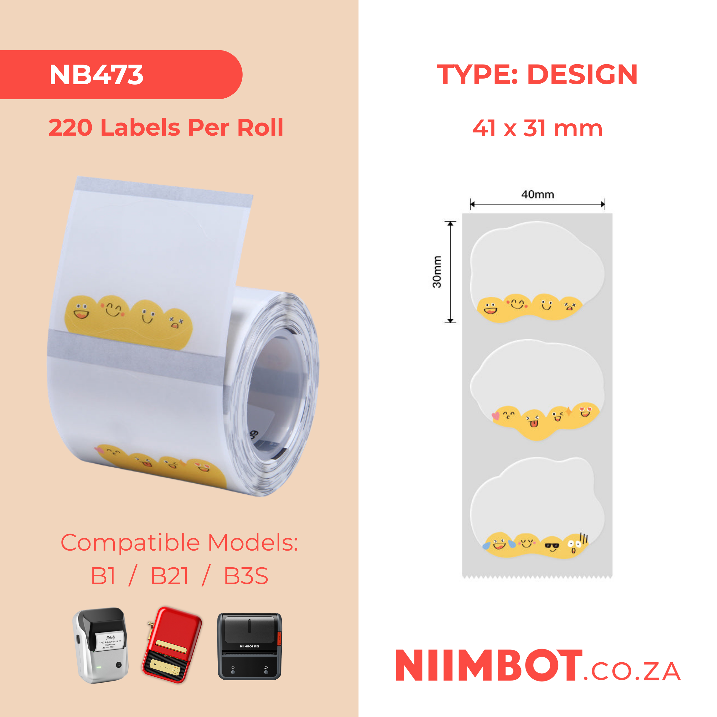 NB473 - NIIMBOT - B1 / B21 / B3S / B4 - TT41X31MM - 220 LABELS PER ROLL -  CUTE EMOJIS DESIGN