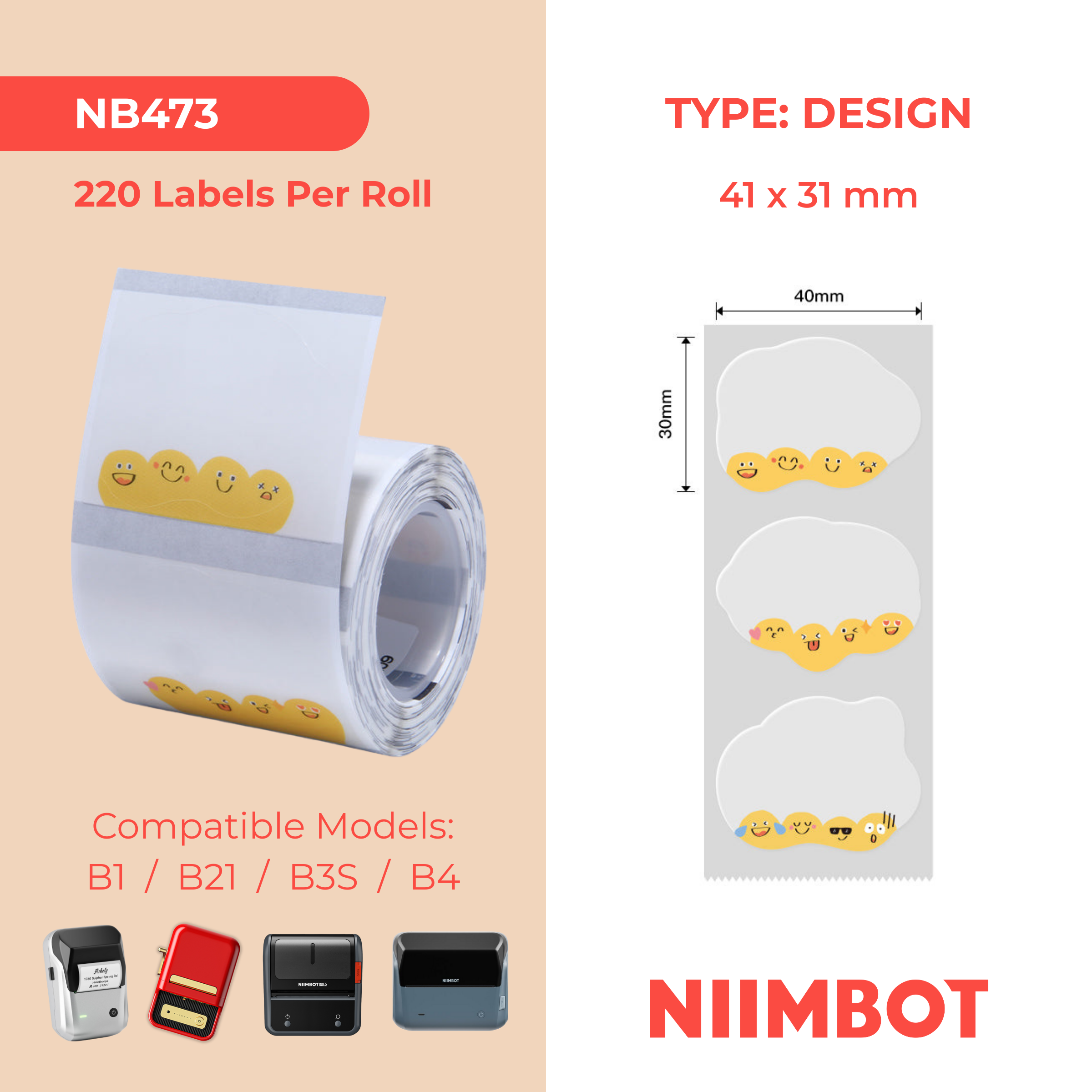 NB473 - NIIMBOT - B1 / B21 / B3S / B4 - TT41X31MM - 220 LABELS PER ROLL -  CUTE EMOJIS DESIGN