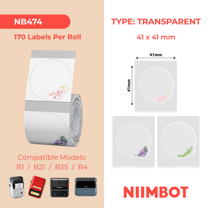 NB474 - Niimbot - B1 / B21 / B31 / B3S / B4 - 41x41mm - 170 Transparent Whispering Flowers Labels