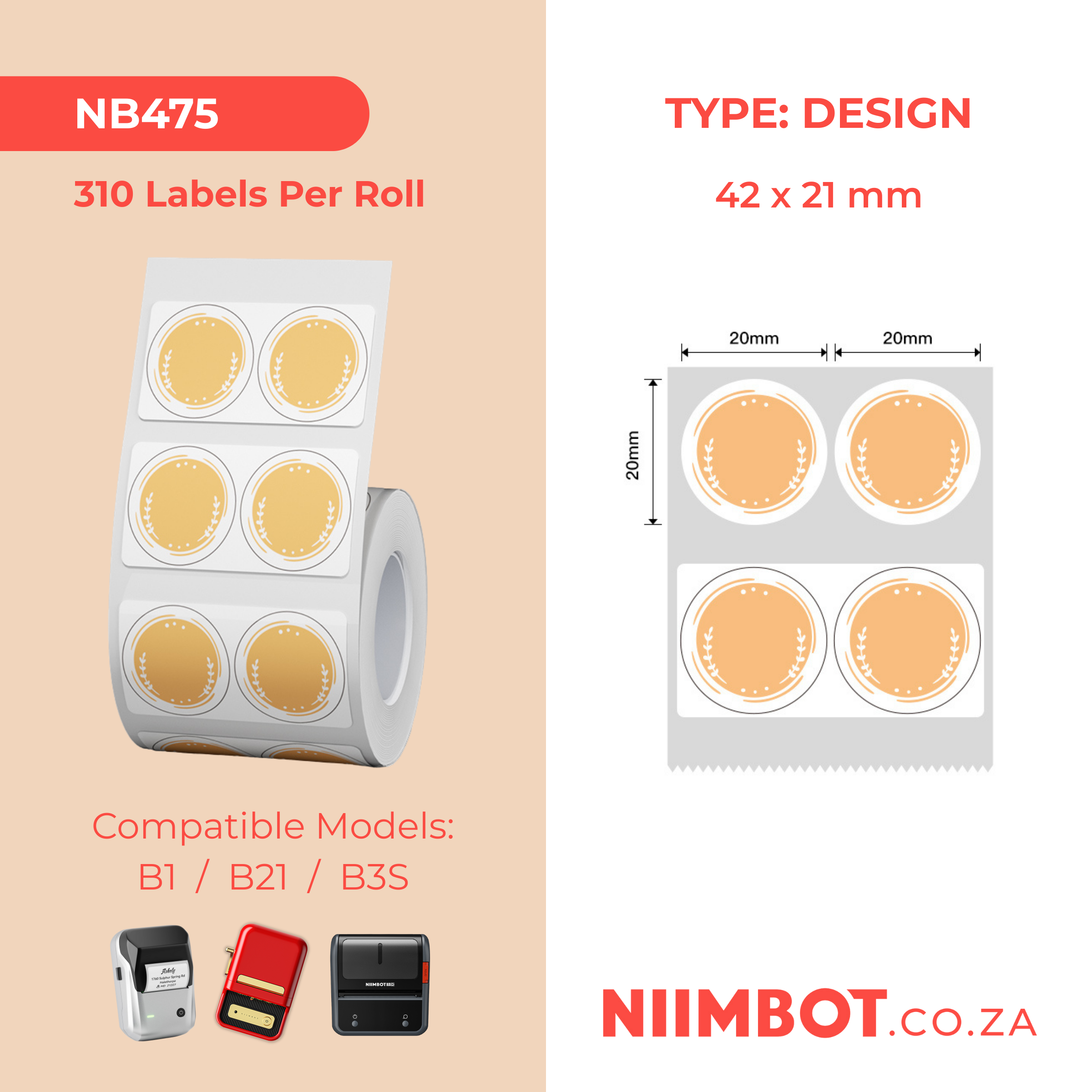 NB475 - NIIMBOT - B1 / B21 / B3S / B4 - 42X21MM - 310 ROUND ORANGE THERMAL LABELS