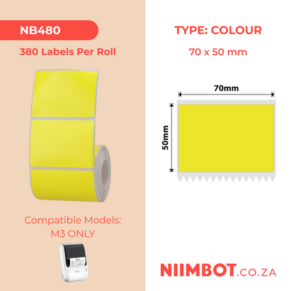 NB480 - NIIMBOT - M3 ONLY - P70X50MM - 380 THERMAL TRANSFER LABELS - RECTANGLE - YELLOW