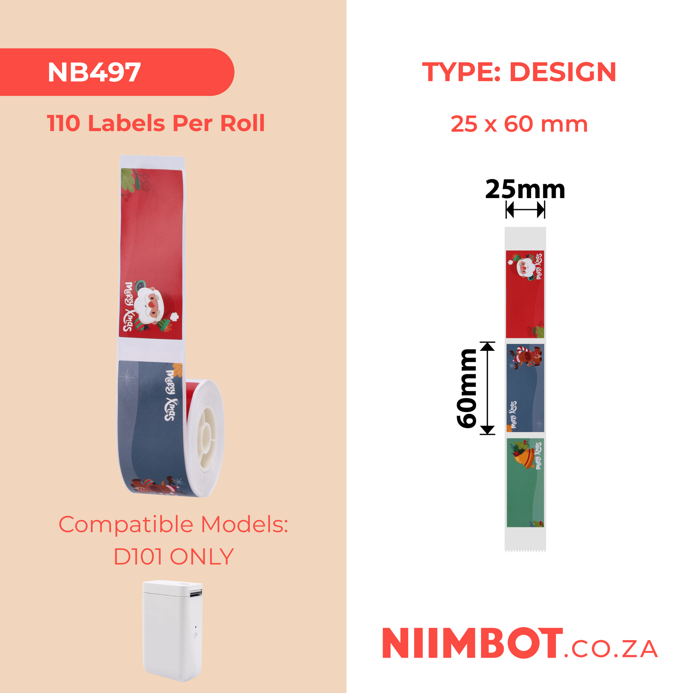 NB497 - NIIMBOT - D101 ONLY - R25X60MM - 110 LABELS PER ROLL - CHRISTMAS