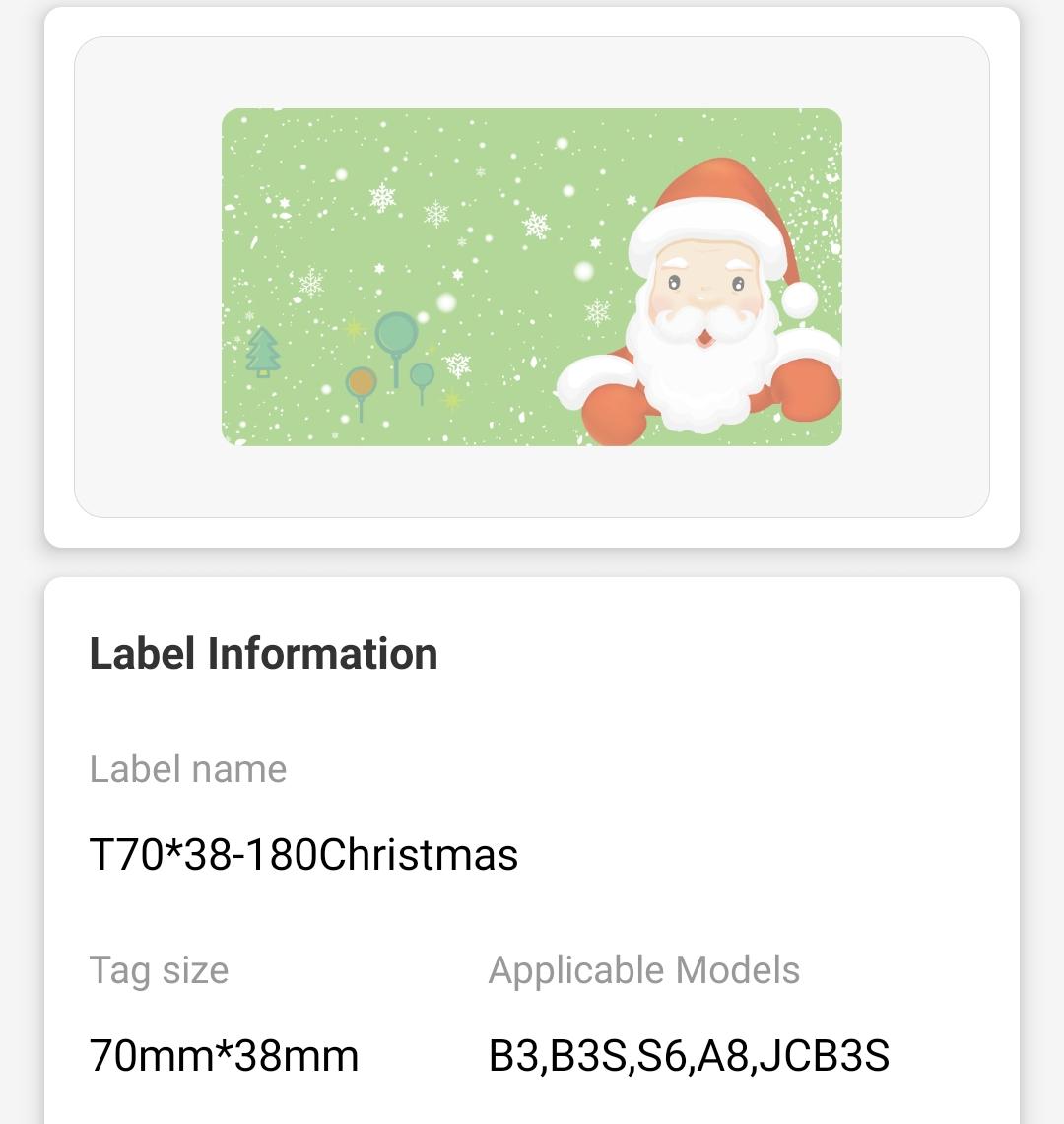 NB498 - NIIMBOT - B3S ONLY - T70X38MM - 180 LABELS PER ROLL - CHRISTMAS