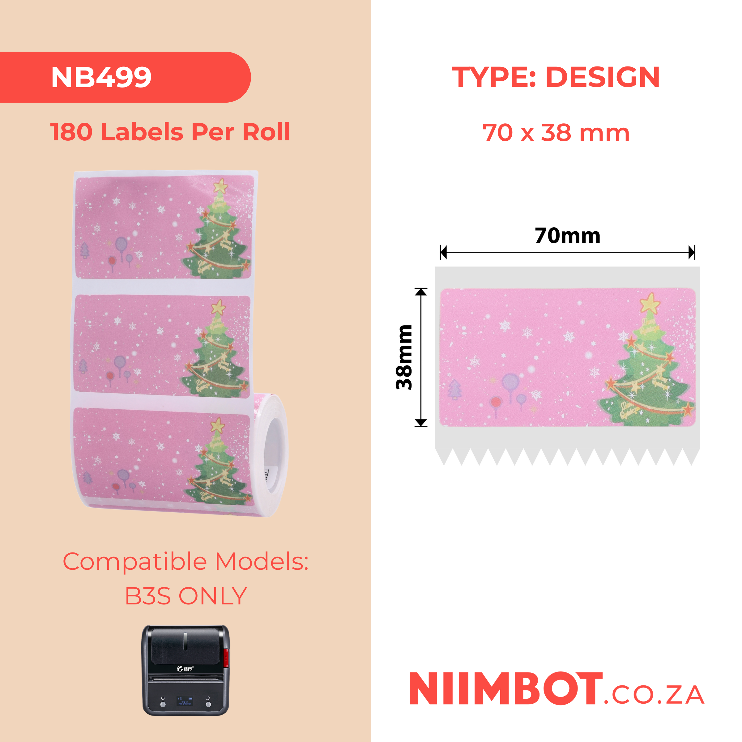NB499 - NIIMBOT - B3S ONLY - 70X38MM - 180 LABELS PER ROLL - CHRISTMAS TREE