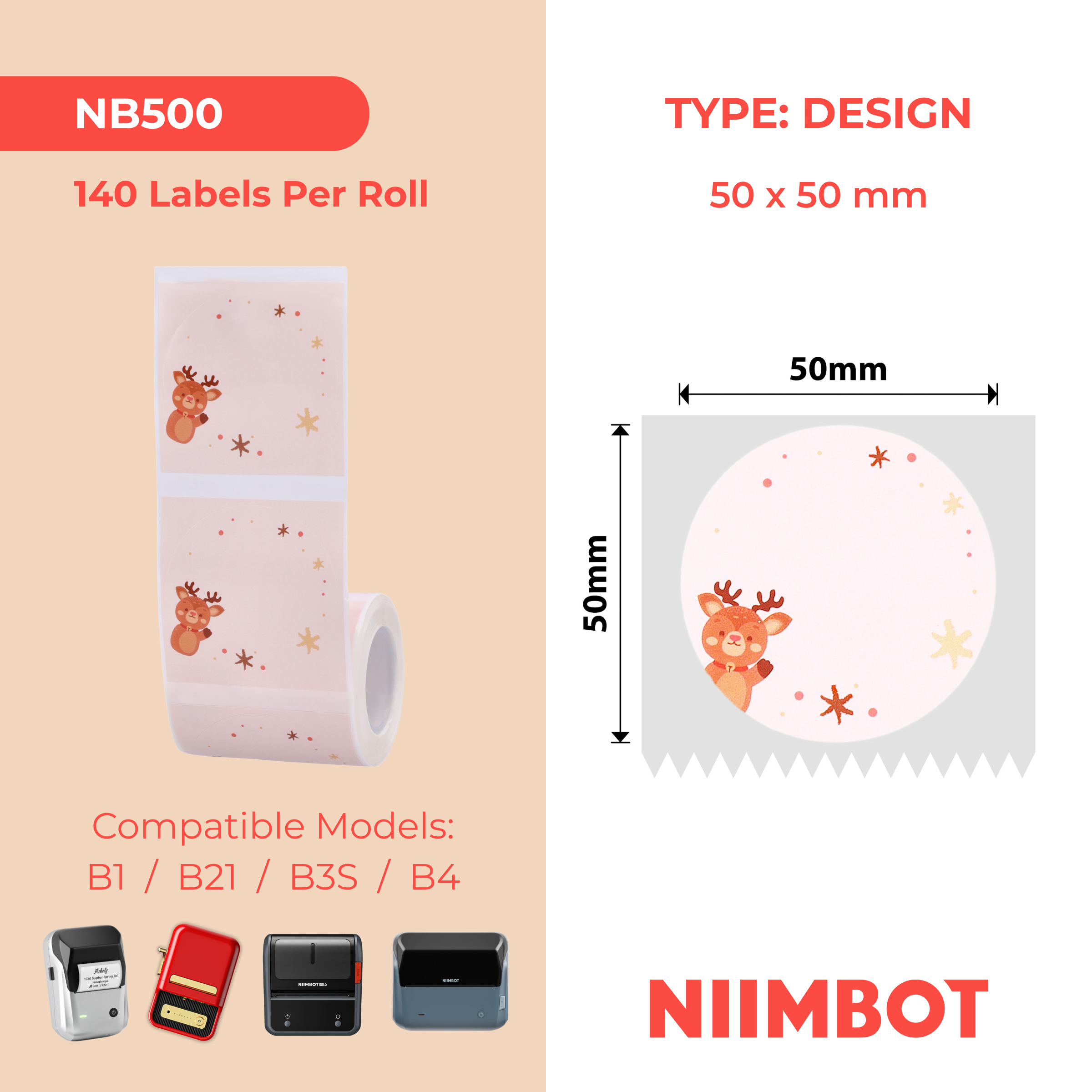 NB500 - Niimbot - B1 / B21 / B31 / B3S / B4 - 50x50mm - 140 Christmas Elk Labels