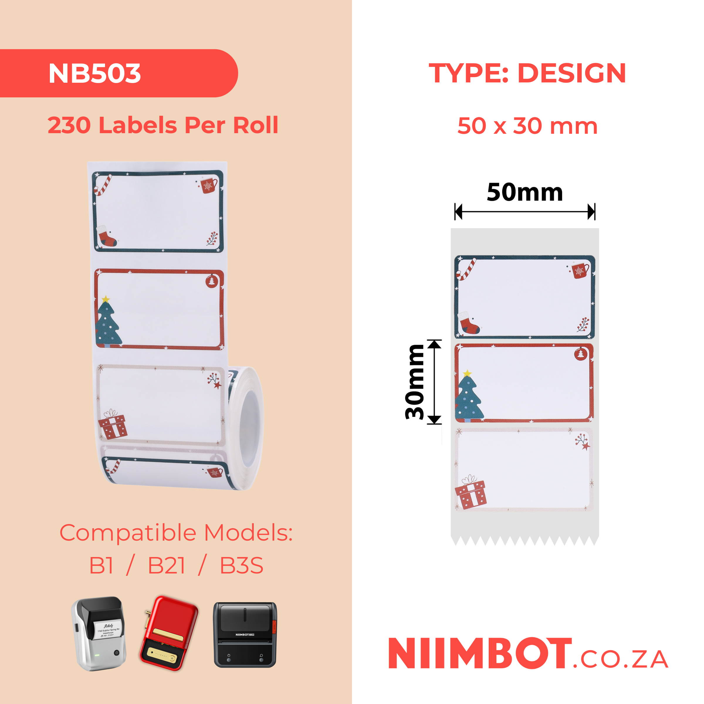 NB503 - NIIMBOT - B1 / B21 / B3S / B4 - T50X30MM - 230 LABELS PER ROLL- CHRISTMAS HEART