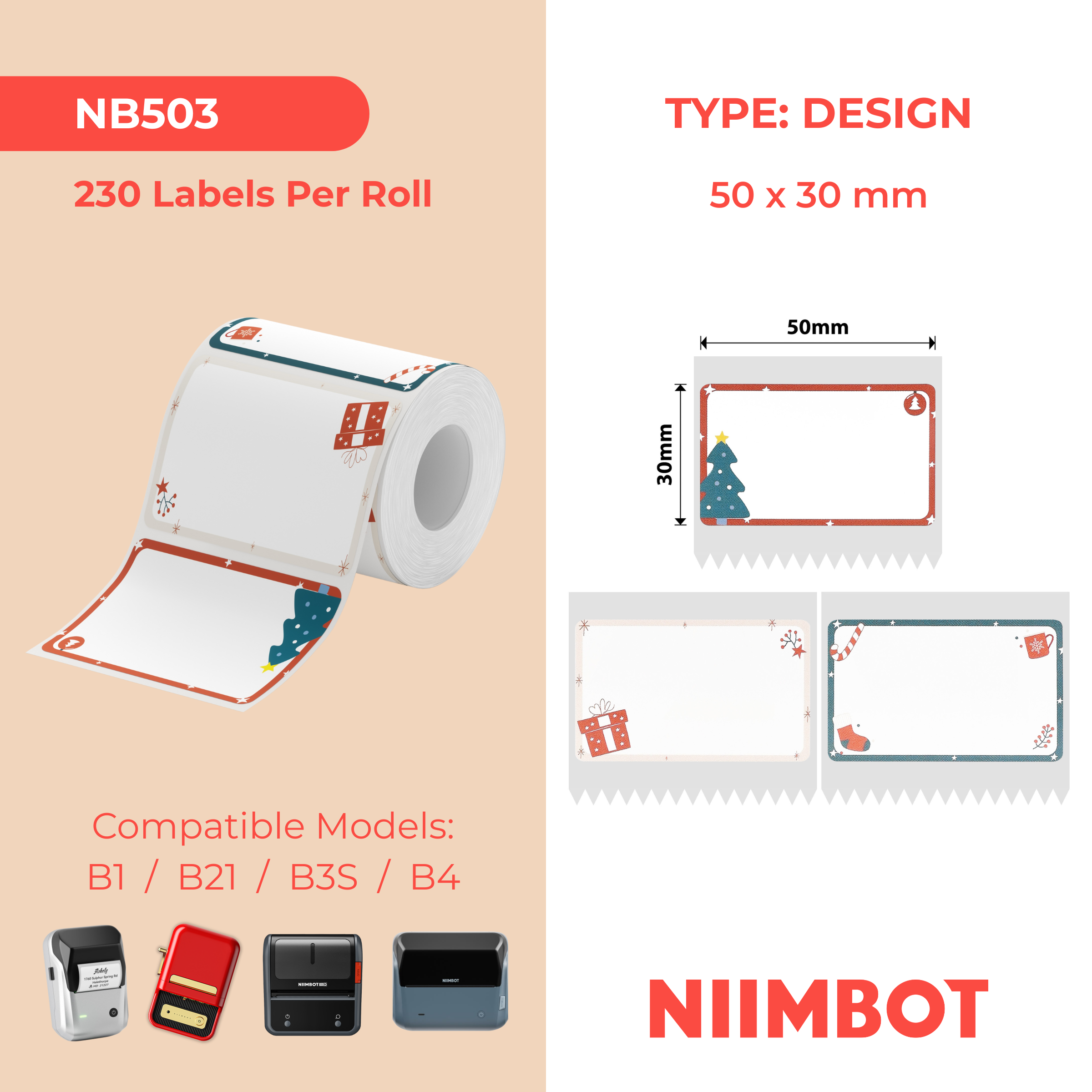 NB503 - Niimbot - B1 / B21 / B31 / B3S / B4 - 50x30mm - 230 Christmas Heart Labels