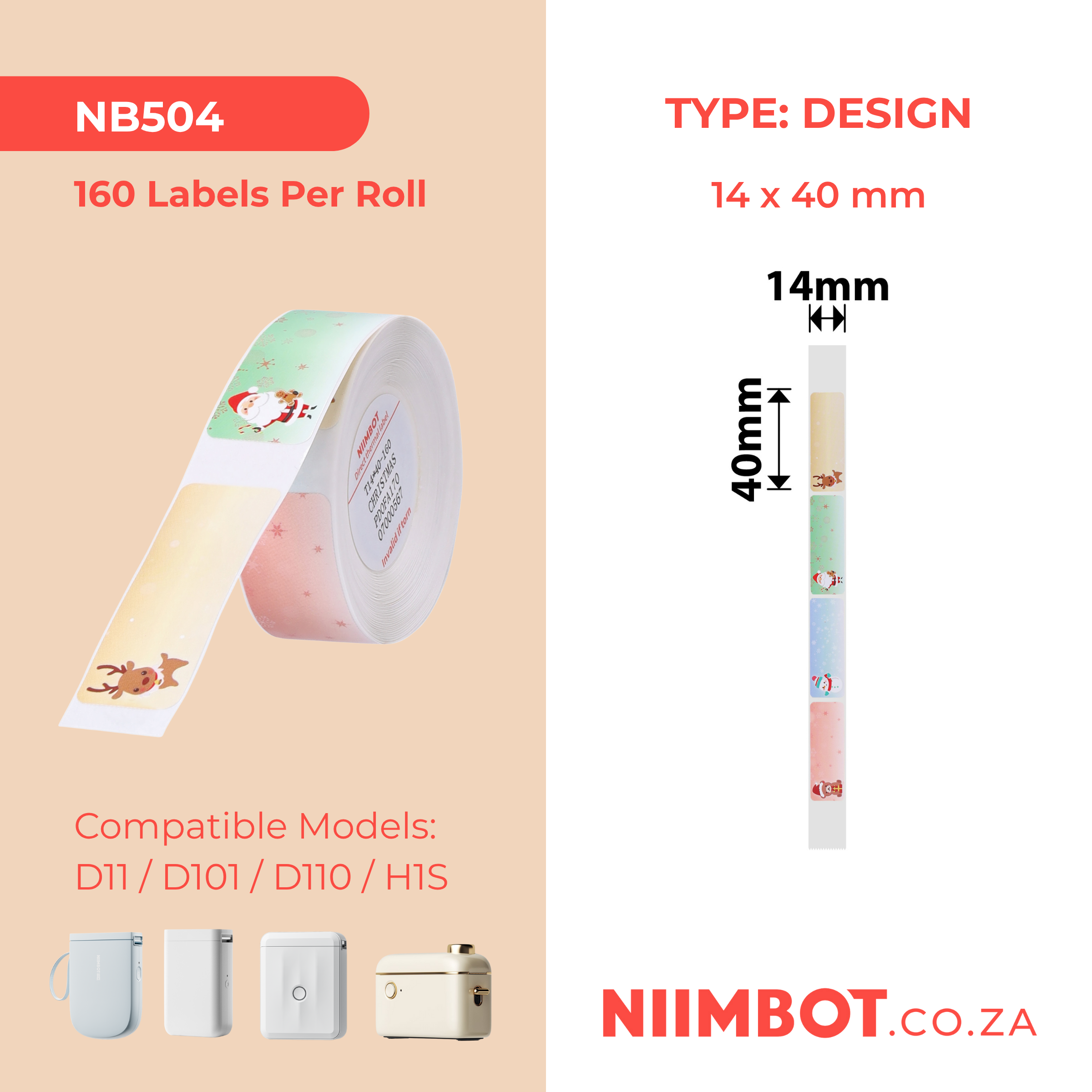 NB504 - NIIMBOT - D11 / D101 / D110 / H1S - R14X40MM - 160 LABELS PER ROLL - CHRISTMAS