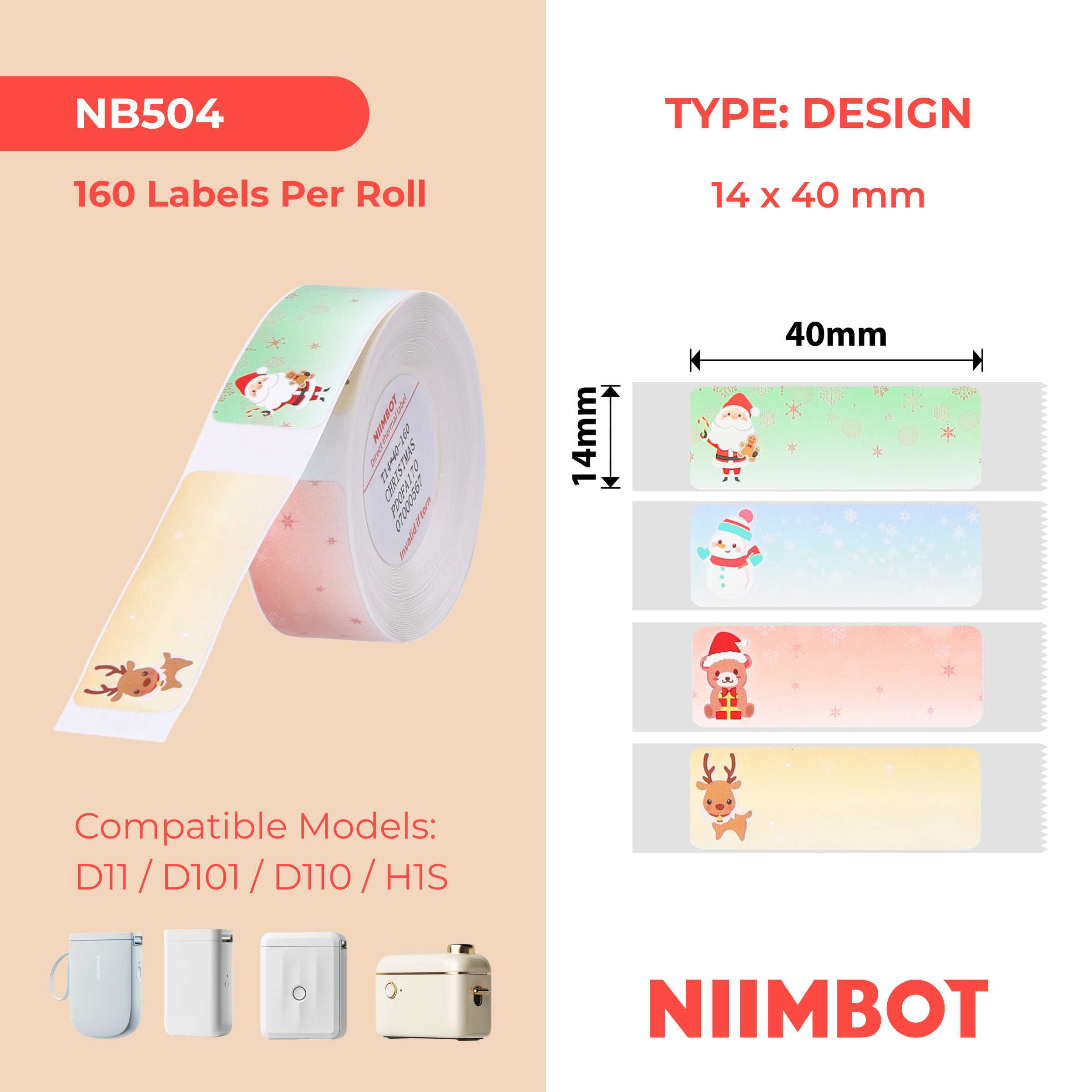 NB504 - Niimbot - D11 / D101 / D110 / H1S - 14x40mm - 155 Christmas Labels