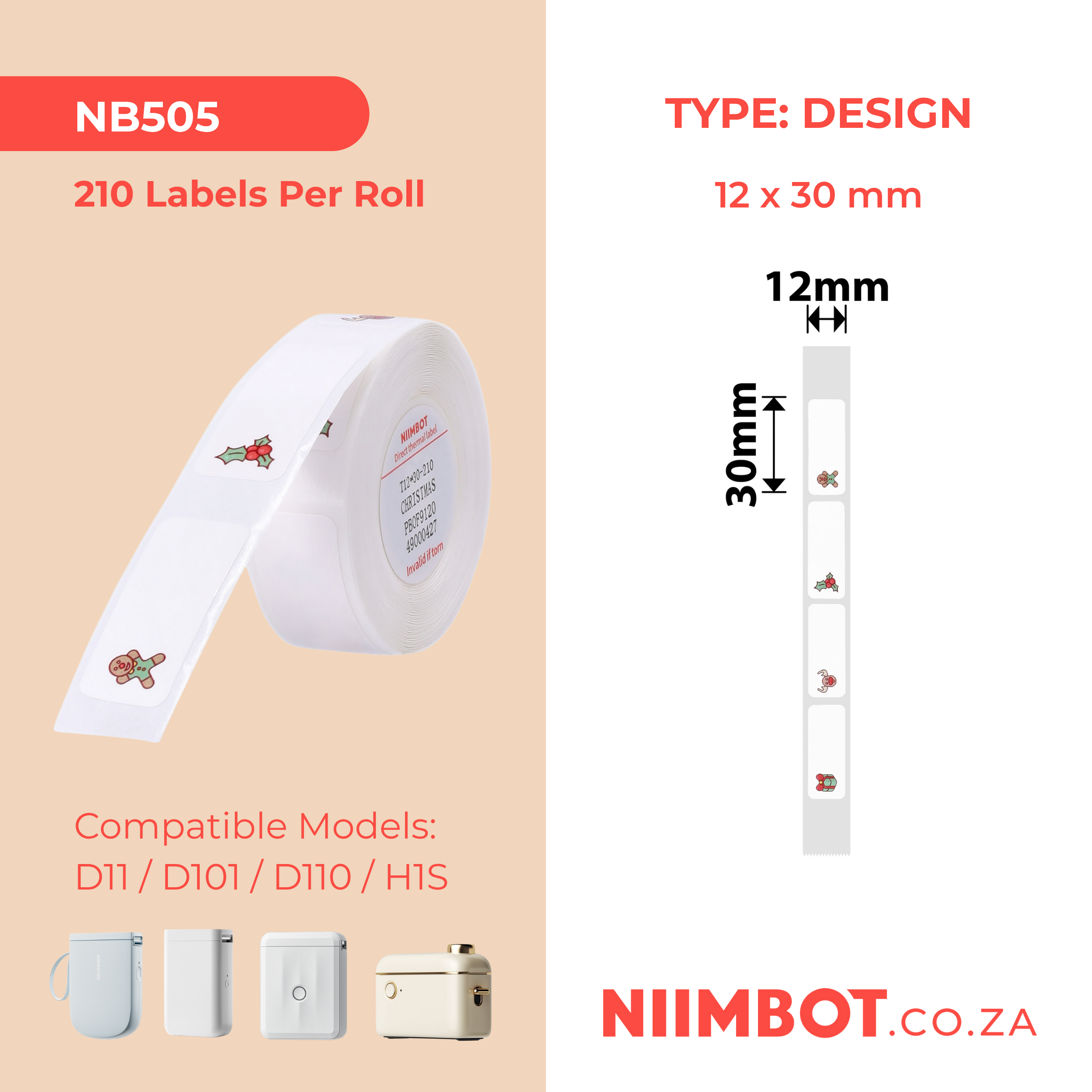 NB505 - NIIMBOT - D11 / D101 / D110 / H1S - T12X30MM - 210 LABELS PER ROLL - CHRISTMAS