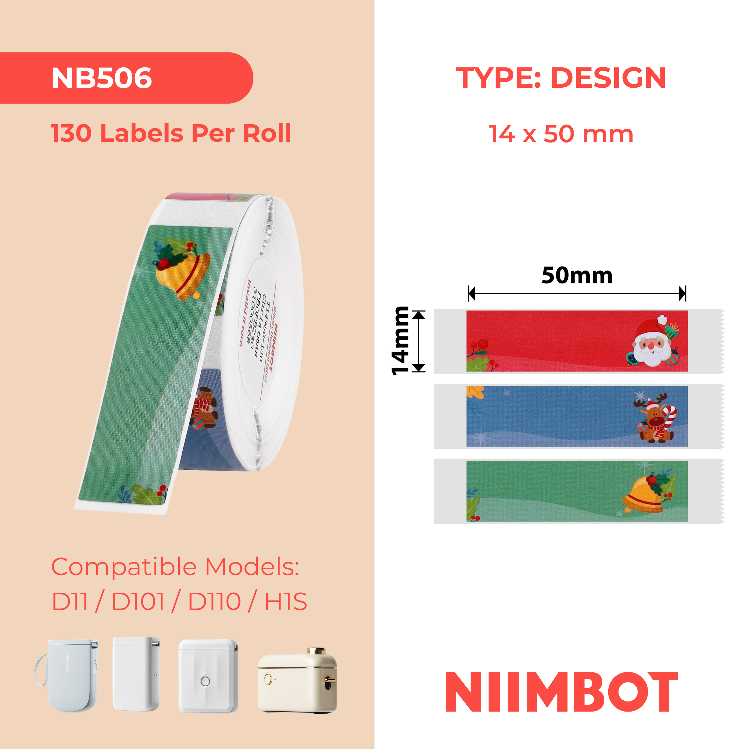 NB506 - Niimbot - D11 / D101 / D110 / H1S - 14x50mm - 125 Christmas Labels