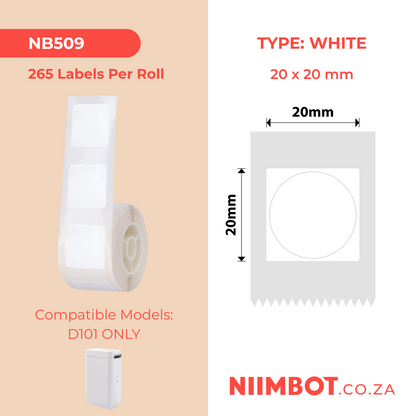 NB509 - NIIMBOT - D101 ONLY - T20X20MM - 265 LABELS PER ROLL - ROUND - WHITE