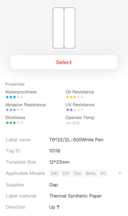 NB510 - NIIMBOT - D11 / D101 / D110 / H1S - 6X22MM/2L - 500  LABELS PER ROLL - WHITE VERTICAL PEN STICKERS (STATIONARY)