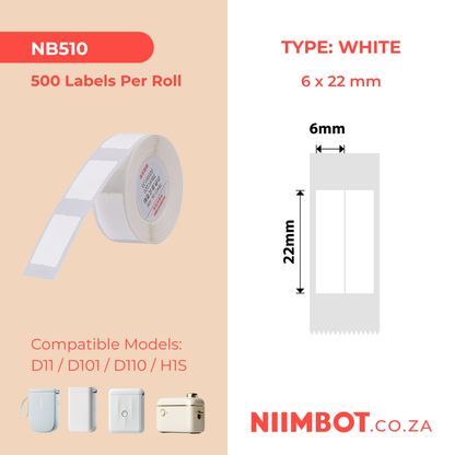 NB510 - NIIMBOT - D11 / D101 / D110 / H1S - 6X22MM/2L - 500  LABELS PER ROLL - WHITE VERTICAL PEN STICKERS (STATIONARY)