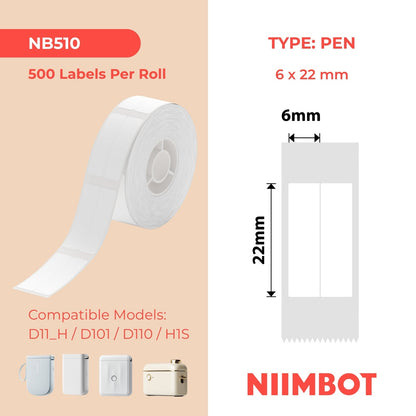 NIIMBOT - D Range - 6x22mm/2L - White Vertical Pen - Stationary - 500 Labels