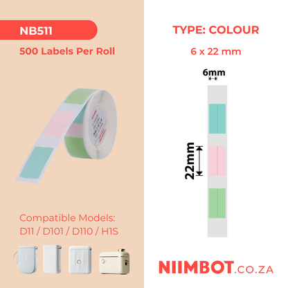 NB511 - NIIMBOT - D11 / D101 / D110 / H1S - THERMAL LABELS - T6X22MM/2L - 500 LABELS PER ROLL - MULTI-COLOUR VERTICAL PEN STICKERS (STATIONARY)