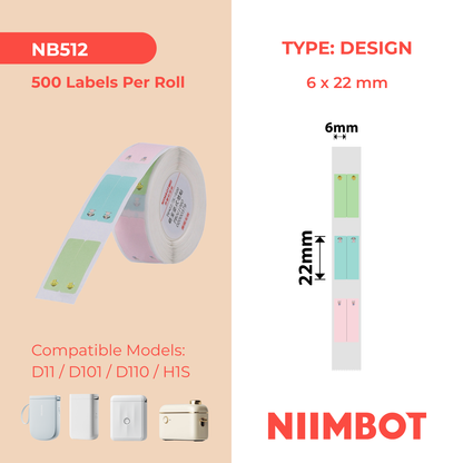 NB512 - NIIMBOT - D11 / D101 / D110 / H1S - THERMAL LABELS - T6X22MM/2L - 500 LABELS PER ROLL - MULTI-COLOUR CUTE PET VERTICAL PEN STICKERS (STATIONARY)