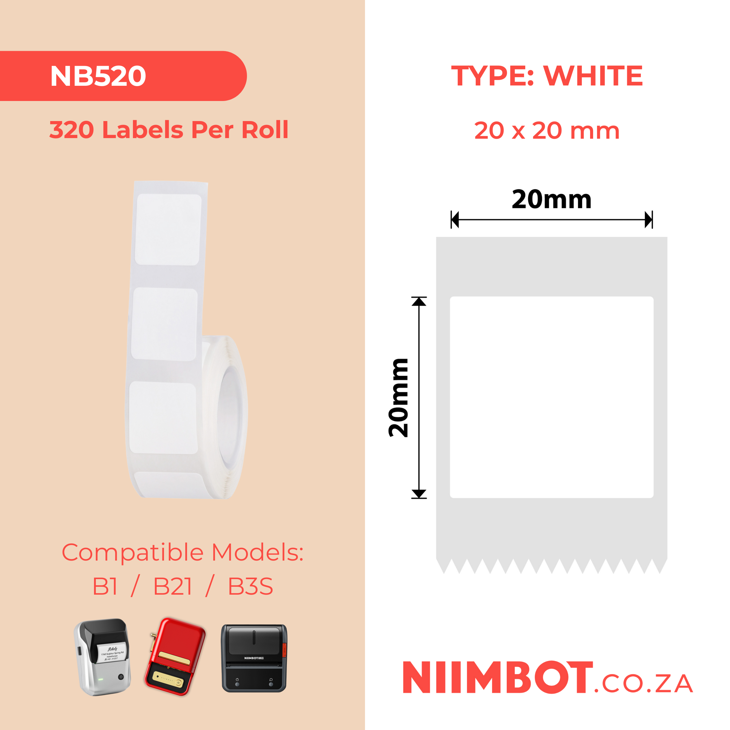 NB520 - NIIMBOT - B21 / B3S - T20X20MM - 320 LABELS PER ROLL - SQUARE - WHITE