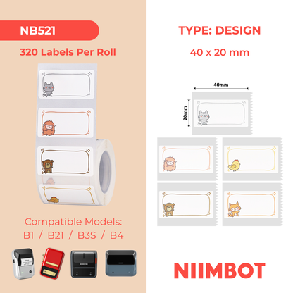 NB521 - Niimbot - B1 / B21 / B31 / B3S / B4 - 40x20mm - 320 Animal Messages Labels