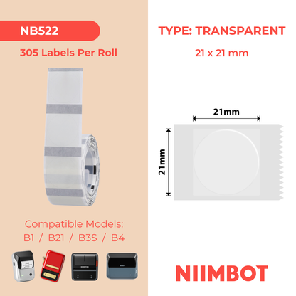 NB522 - Niimbot - B1 / B21 / B31 / B3S / B4 - 21x21mm - 305 Transparent Round Labels