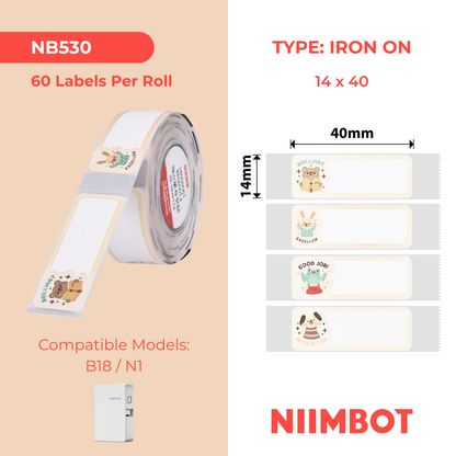 NB530 - Niimbot - N1 - 14x40mm - 60 Inspiring Animals Iron On Labels