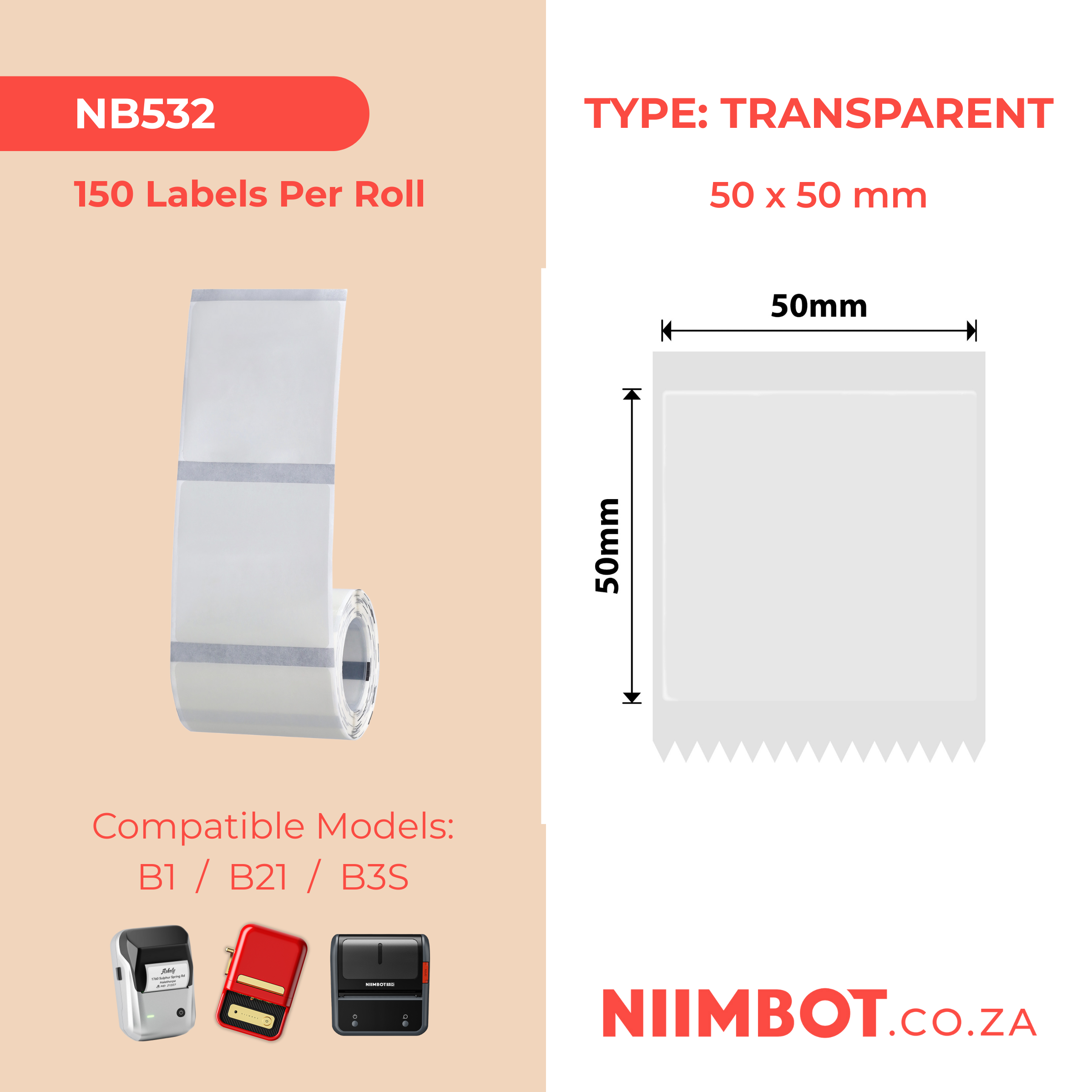 NB532 - NIIMBOT - B1 / B21 / B3S / B4 - 50X50MM - 150 LABELS PER ROLL - TRANSPARENT