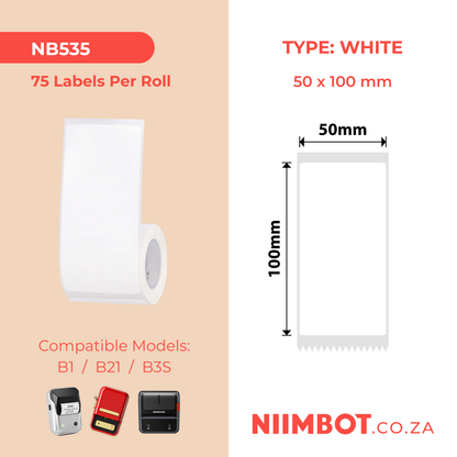 NB535 - NIIMBOT - B1 / B21 / B3S / B4 - T50X100MM - 75 LABELS PER ROLL - WHITE