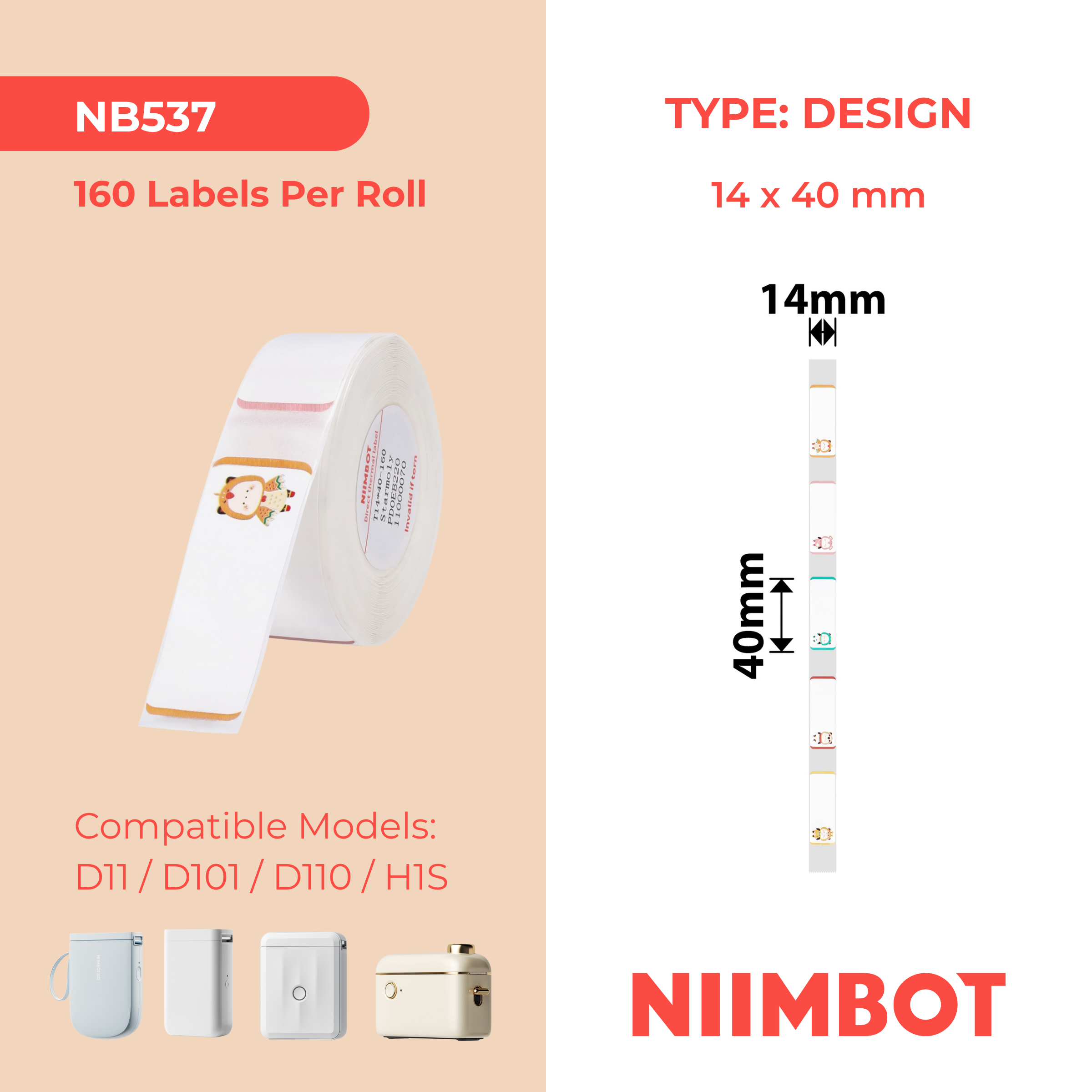NB537 - NIIMBOT - D11 / D101 / D110 / H1S - T14X40MM - 160 LABELS PER ROLL - STARMOLY